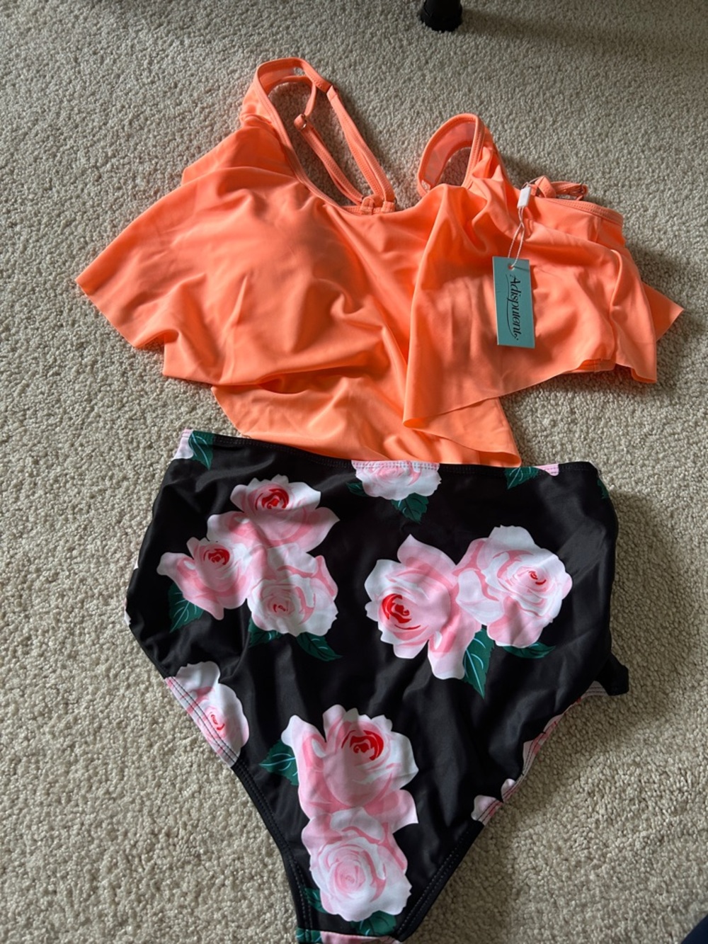 Neon Coral Ruffle Bikini Top with Floral High-Waist Bottoms